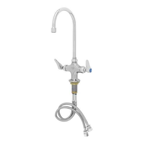 A T&S chrome deck-mounted pantry faucet with flex inlets and a swivel gooseneck nozzle.
