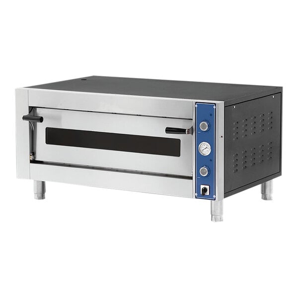 A Pegasus Melstone countertop pizza oven with blue doors.