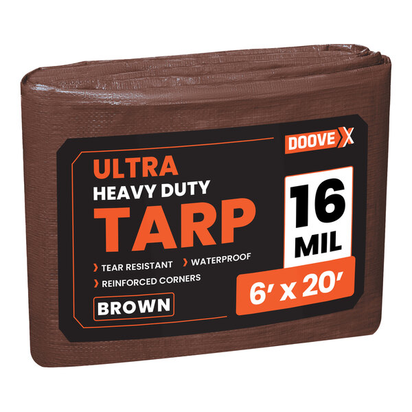 A brown Doovex heavy-duty weatherproof tarp with black and white text.