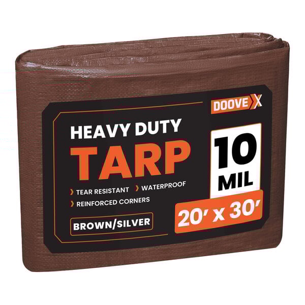 A brown heavy-duty polyethylene tarp with black and white text.