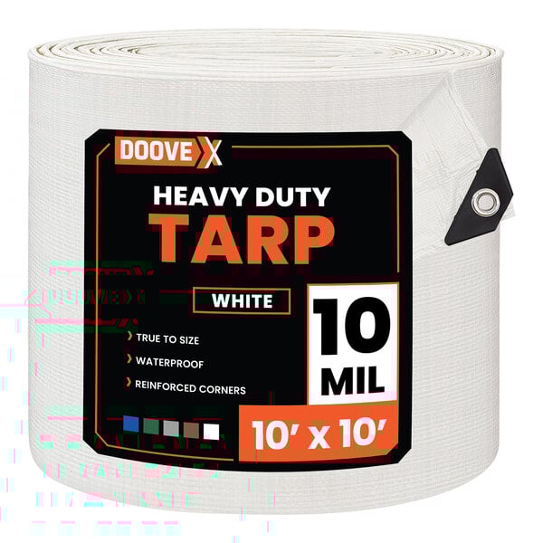 A rolled white heavy-duty polyethylene tarp measuring 10 feet by 10 feet.