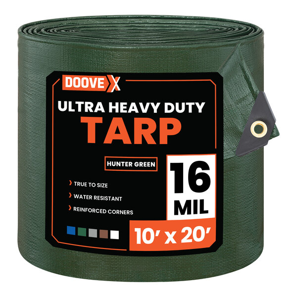 A rolled green ultra heavy-duty polyethylene tarp measuring 10 feet by 20 feet.