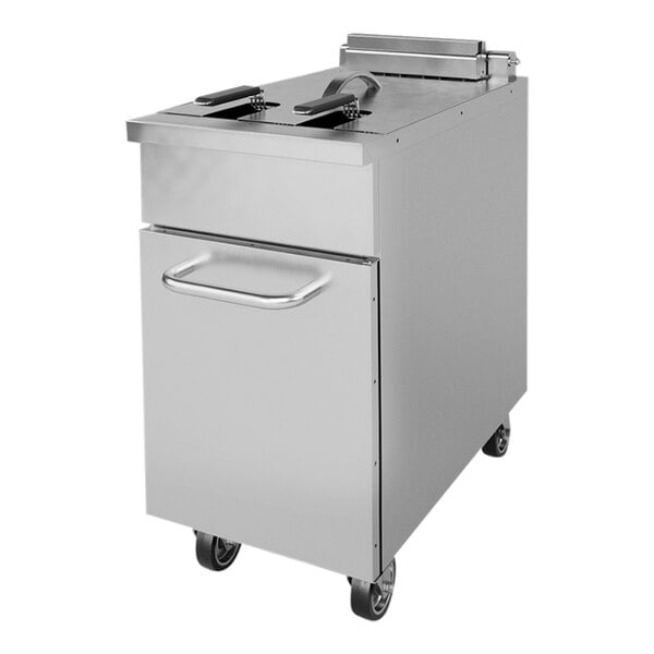 A Pegasus stainless steel floor fryer with two drawers.