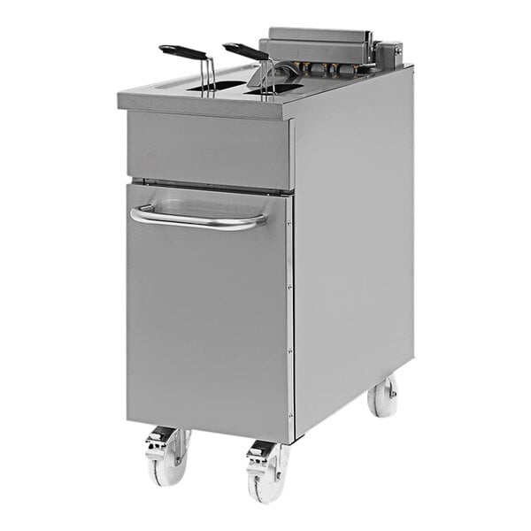 A stainless steel Pegasus electric floor fryer on wheels.