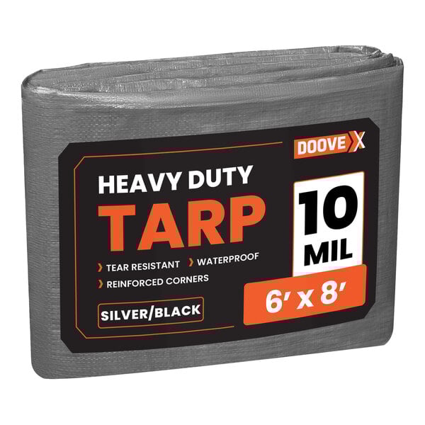 A plastic wrapped grey Doovex heavy-duty weatherproof tarp with black and orange label.