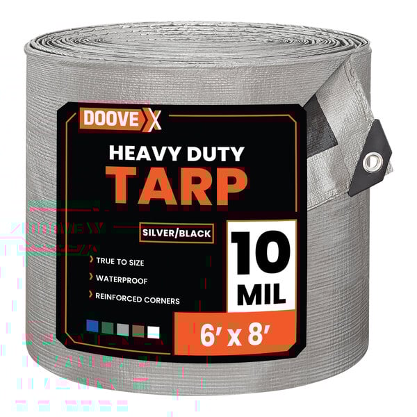 A rolled silver and black heavy-duty polyethylene tarp measuring 6 feet by 8 feet.