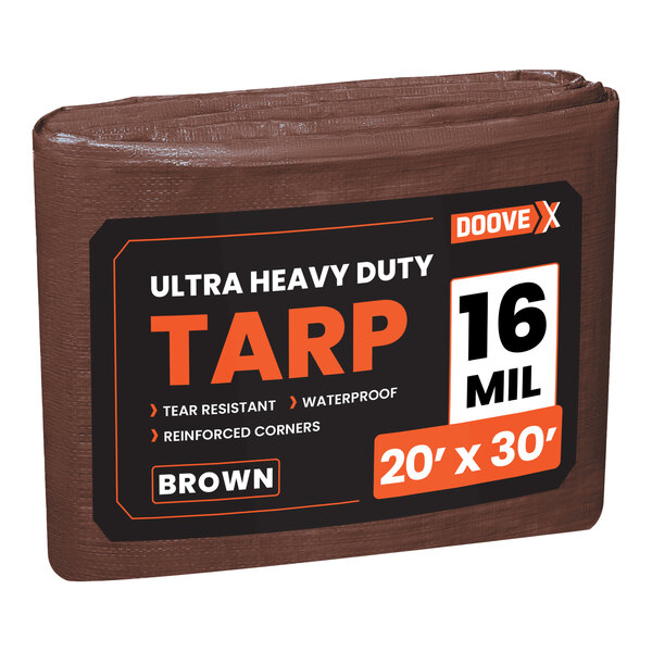 A brown Doovex ultra heavy-duty tarp with black and white text.