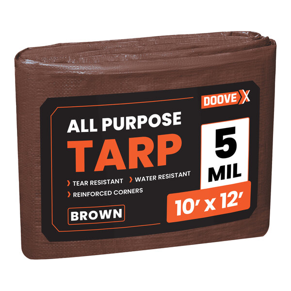 A brown Doovex multipurpose tarp with brown edges and white text.