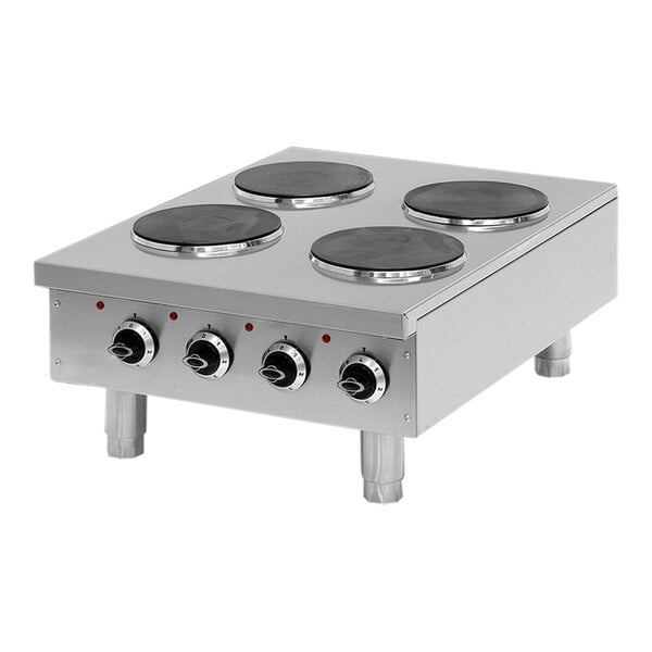 A silver Pegasus electric countertop range with four black round knobs.