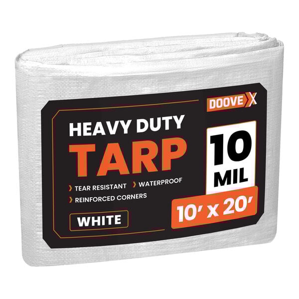 A white heavy-duty weatherproof polyethylene tarp with black and orange Doovex label.
