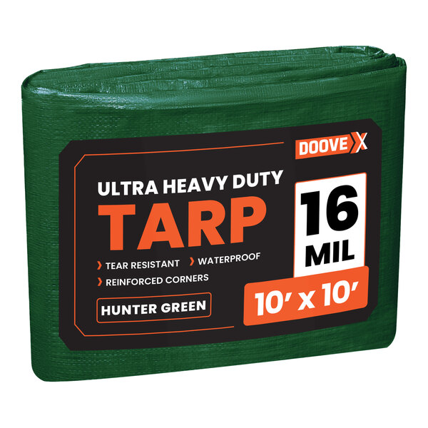 A green ultra heavy-duty Doovex tarp with white text.