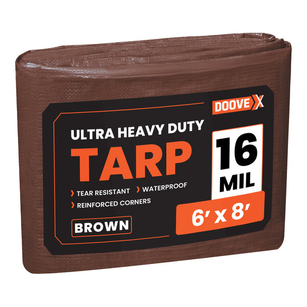 A brown Doovex ultra heavy-duty polyethylene tarp with black and white text.