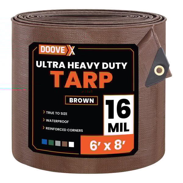A rolled brown ultra heavy-duty polyethylene tarp measuring 6 feet by 8 feet.