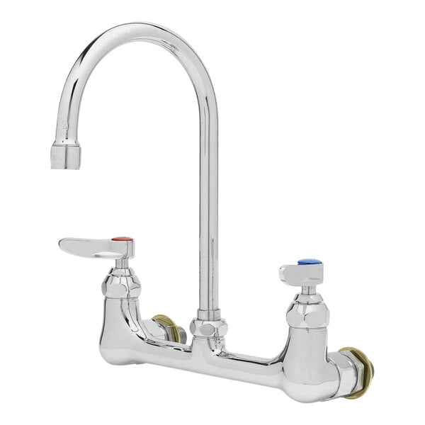 A chrome T&S wall mount faucet with two silver levers.