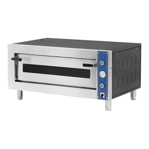 A Pegasus countertop pizza oven with blue doors.