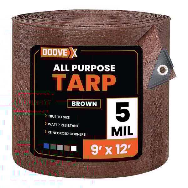 A rolled brown all-purpose polyethylene tarp measuring 9 feet by 12 feet and 5 mil thick.