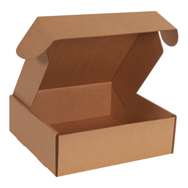 A brown Lavex corrugated mailer with a lid open.