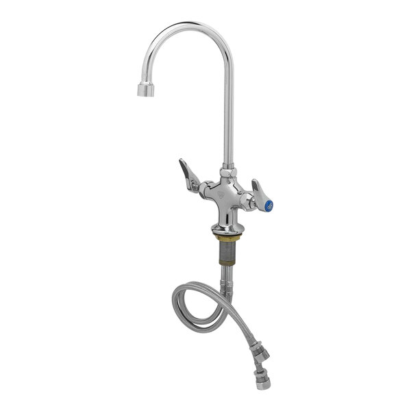 A T&S chrome deck-mounted pantry faucet with flex inlets and a rigid gooseneck nozzle.