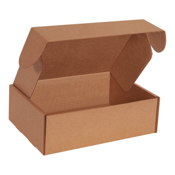 A brown cardboard Lavex mailer box with an open lid.