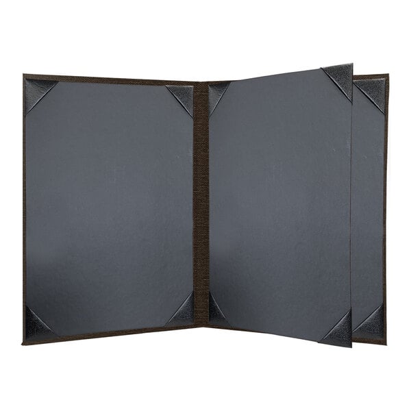 A black rectangular menu cover with brown album style corners.
