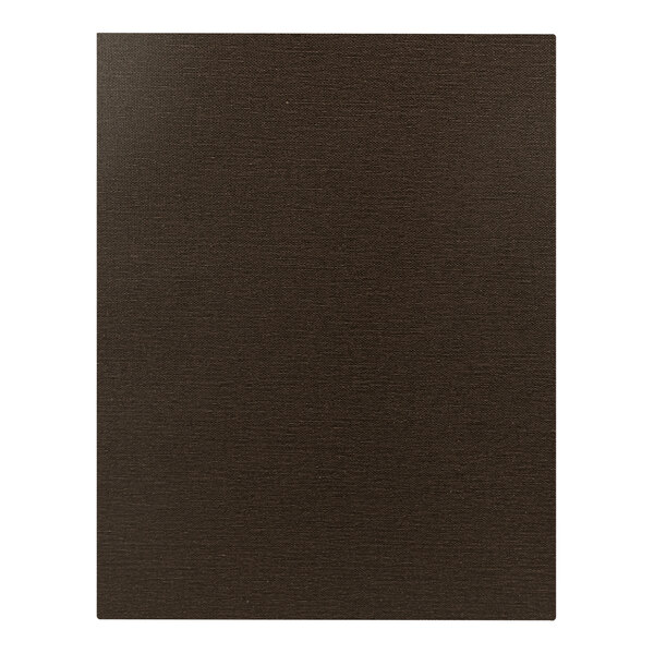 A close-up of a black H. Risch, Inc. linen menu cover with album style corners.