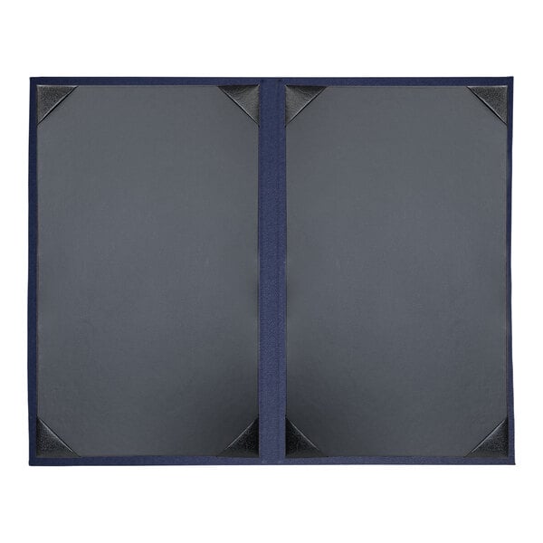 A blue rectangular menu cover with a grey border and black corners.