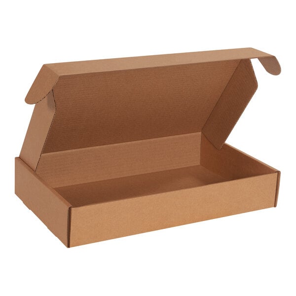A brown Lavex cardboard mailer with a lid open.