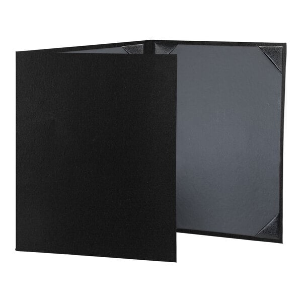 A grey rectangular menu folder with a black frame and white cover pages.