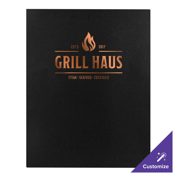A black H. Risch, Inc. customizable menu cover with gold text on a counter.