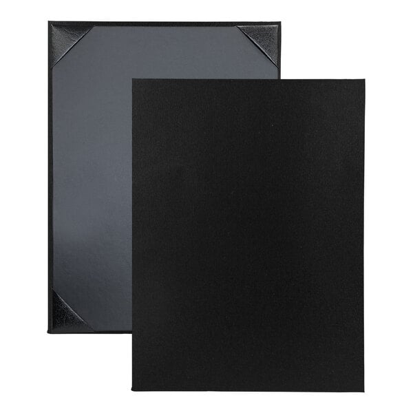 Two black rectangular H. Risch, Inc. menu covers with white borders.