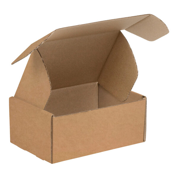 A brown Lavex Kraft corrugated mailer with a lid open.