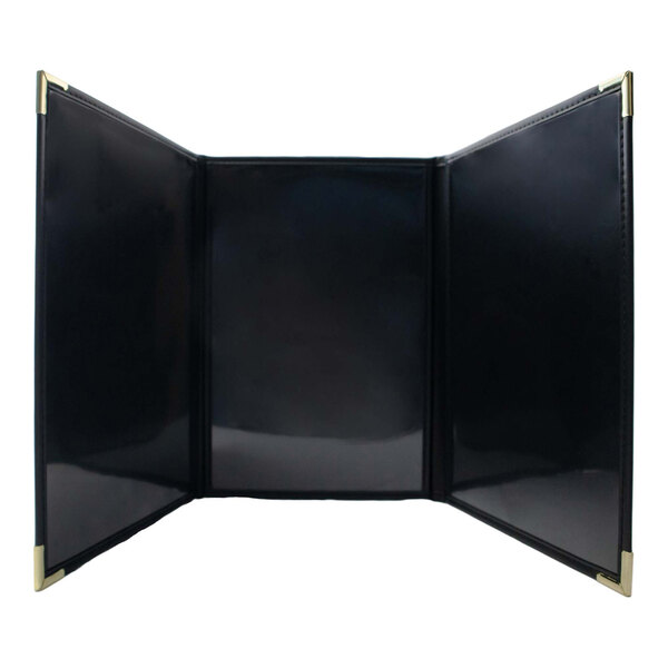 A black linen menu cover with gold corners and a white interior pocket.