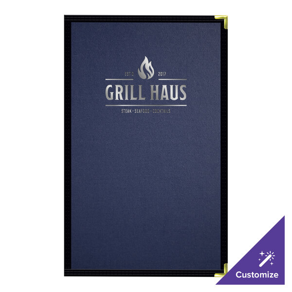 A blue H. Risch, Inc. menu cover with silver text on a counter.