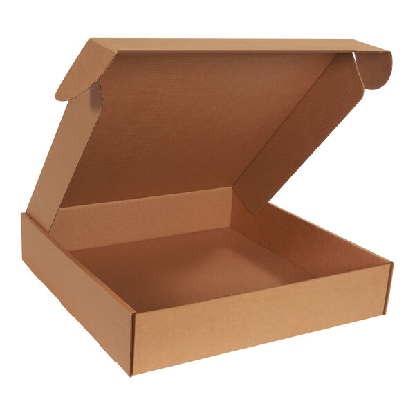 A brown Kraft cardboard mailer box with an open lid.