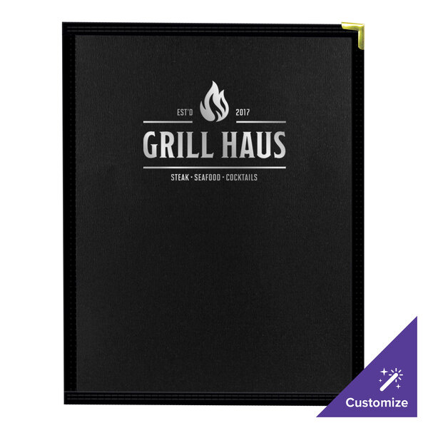 A black H. Risch, Inc. customizable menu cover with white text on the front.