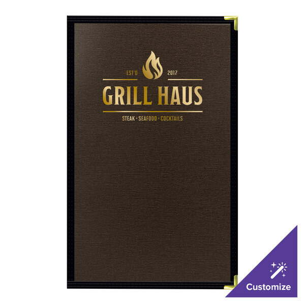 An espresso menu cover with gold text on it.