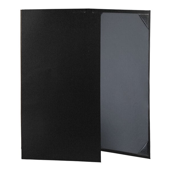 A grey rectangular menu cover with black album style corners.
