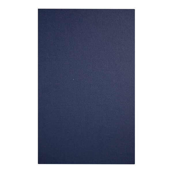 A blue rectangular linen menu cover with white border.