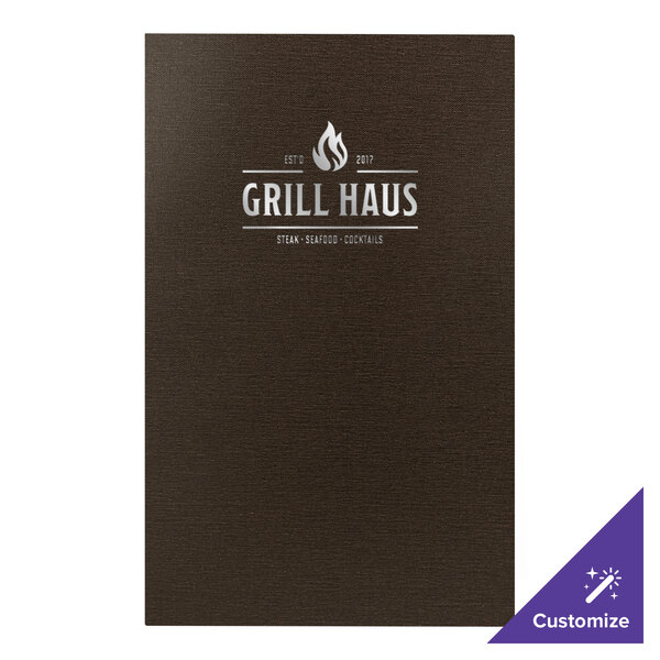 A brown H. Risch, Inc. customizable menu cover with white text on a counter.