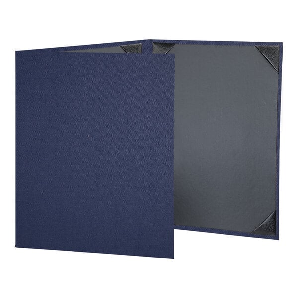 A blue menu cover with black album style corners and a black cover.