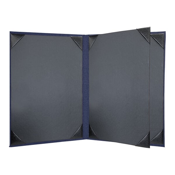 A grey rectangular menu cover with black corners and a black border.