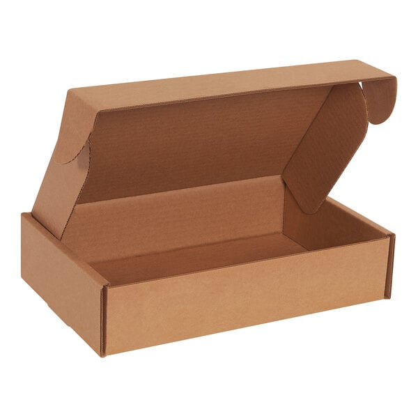 A brown Lavex cardboard mailer with an open lid.