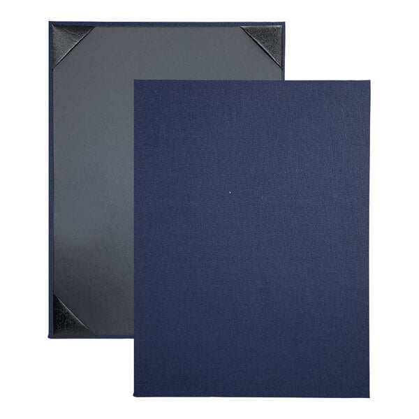 Two blue linen menu covers with black trim.