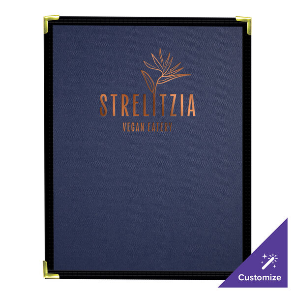 A customizable royal blue linen menu cover with gold corner protectors and a printed logo on the front.