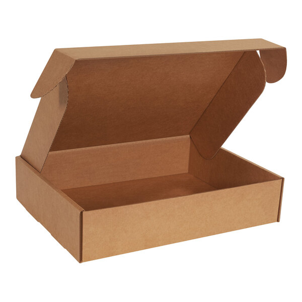 A brown Kraft mailer box with an open lid.