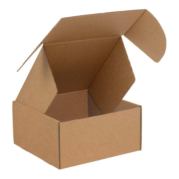 A close-up of a brown Lavex cardboard box with a lid open.