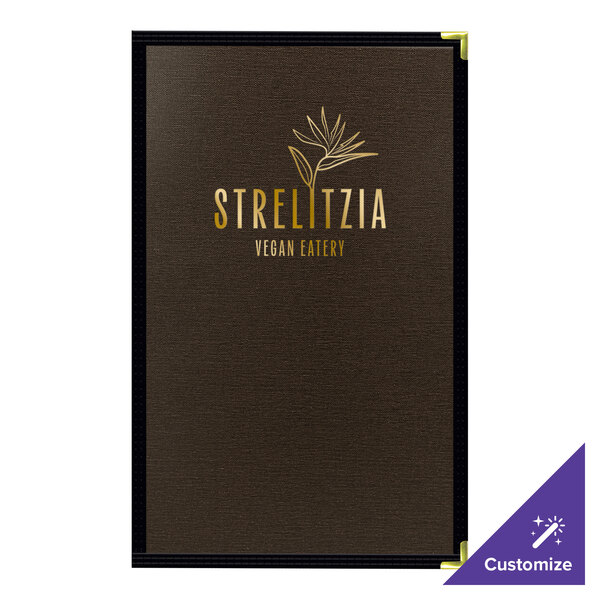 A brown H. Risch, Inc. customizable menu cover with gold text on it.