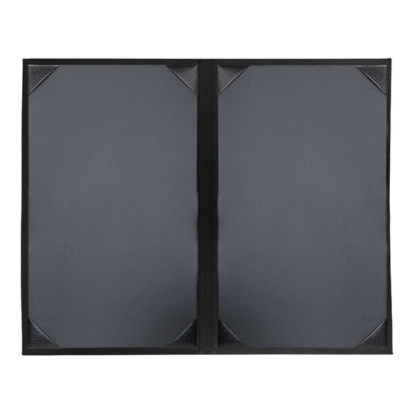 A grey rectangular menu cover with black album style corners.