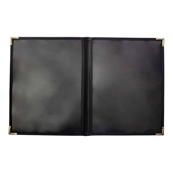 A black rectangular linen menu cover with a black border and interior pocket.