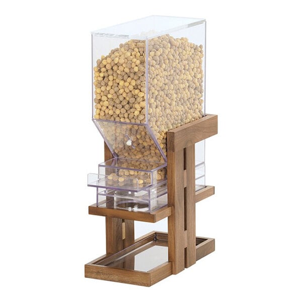 A single canister cereal dispenser with a clear container and walnut wood frame.